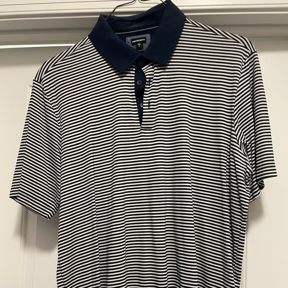Ashworth golf shirt. XL.  White & Blue striped.
